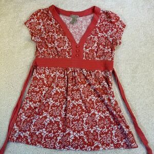 One Clothing Brand Red Floral Print V Neck Cap Sleeve Tunic Top with  Waist Tie